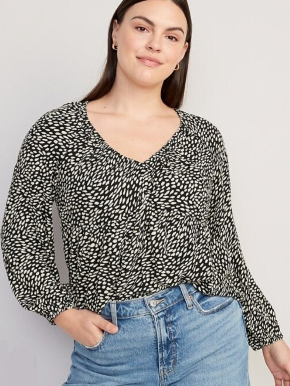 Women Black Ivory Print Long Sleeve Crinkle Top XXL Boho Peasant Relaxed Casual